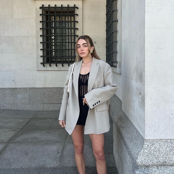 Zara Taupe Gray Oversized Vented Linen Blend Blazer - Picture 2 of 16